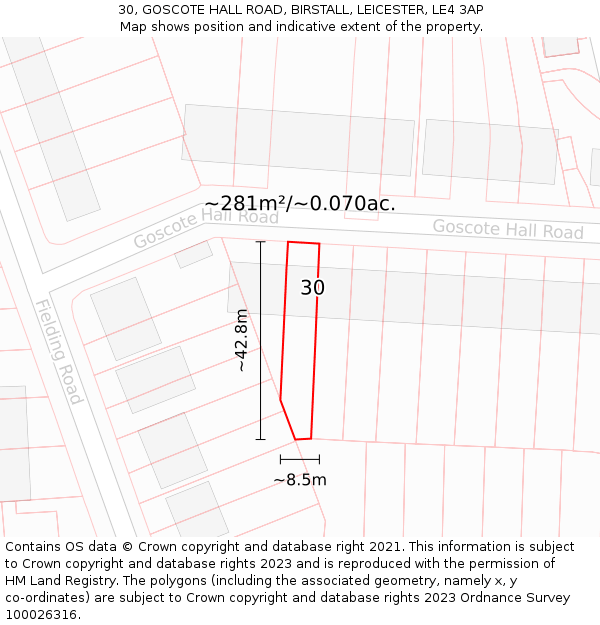 30, GOSCOTE HALL ROAD, BIRSTALL, LEICESTER, LE4 3AP: Plot and title map