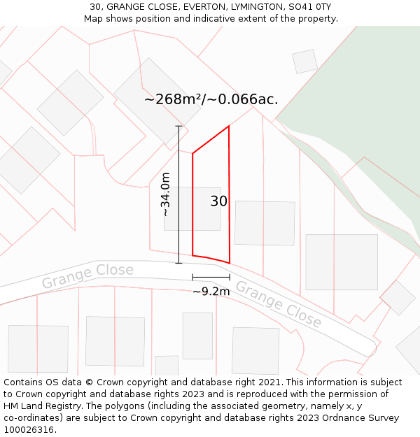 30, GRANGE CLOSE, EVERTON, LYMINGTON, SO41 0TY: Plot and title map