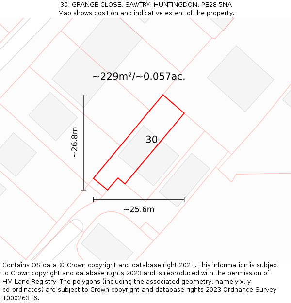 30, GRANGE CLOSE, SAWTRY, HUNTINGDON, PE28 5NA: Plot and title map