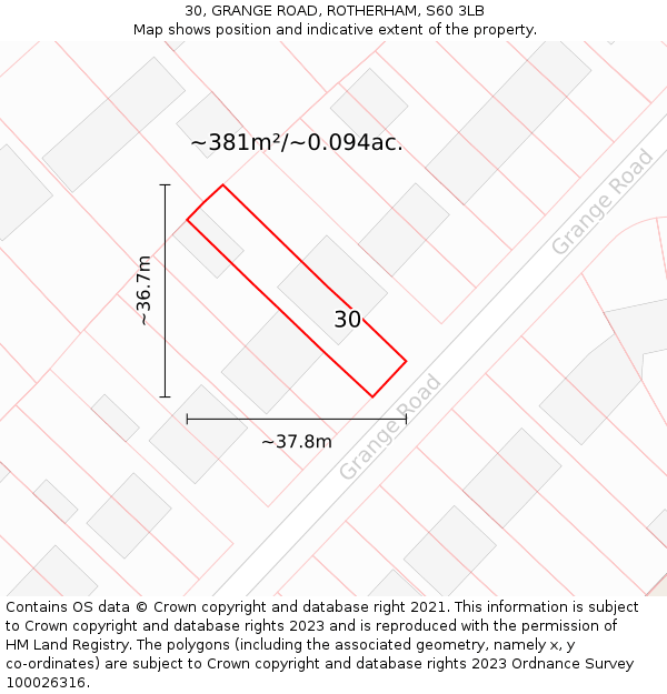 30, GRANGE ROAD, ROTHERHAM, S60 3LB: Plot and title map