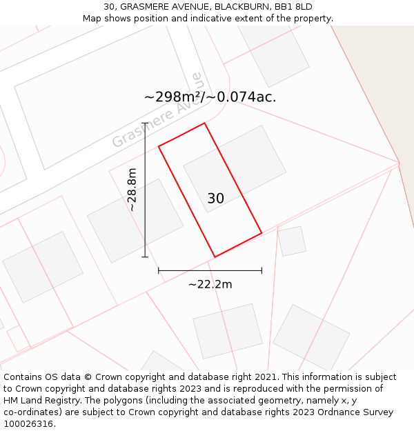 30, GRASMERE AVENUE, BLACKBURN, BB1 8LD: Plot and title map