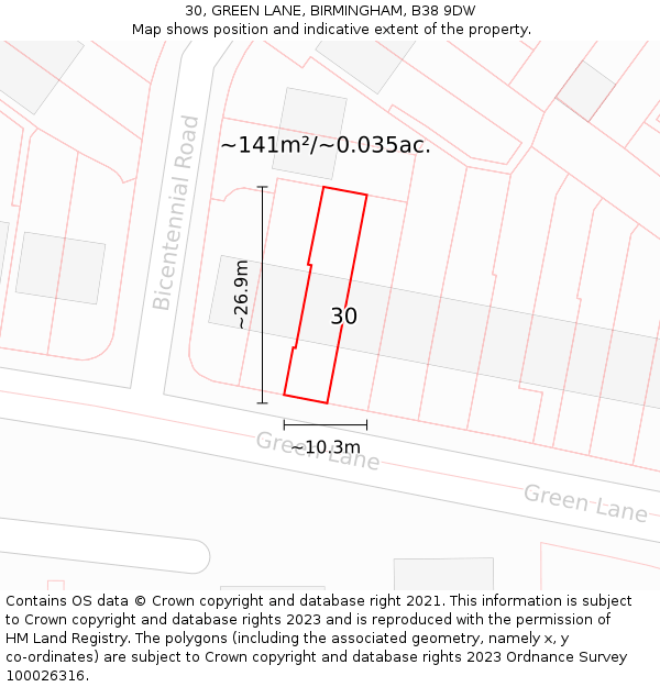 30, GREEN LANE, BIRMINGHAM, B38 9DW: Plot and title map