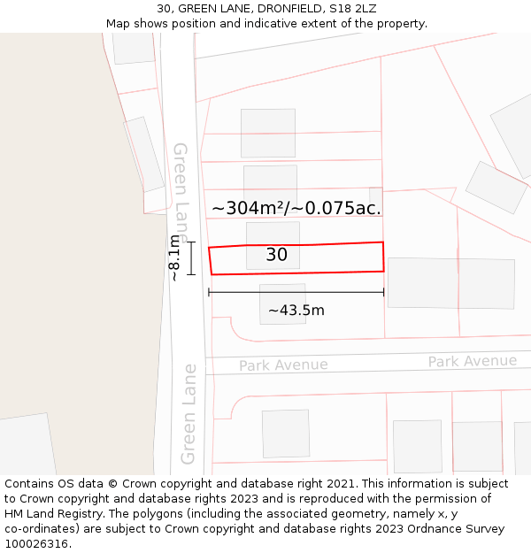 30, GREEN LANE, DRONFIELD, S18 2LZ: Plot and title map