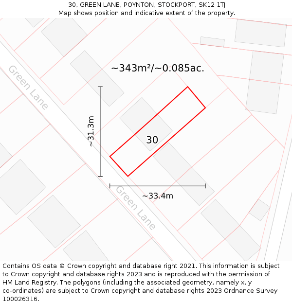 30, GREEN LANE, POYNTON, STOCKPORT, SK12 1TJ: Plot and title map