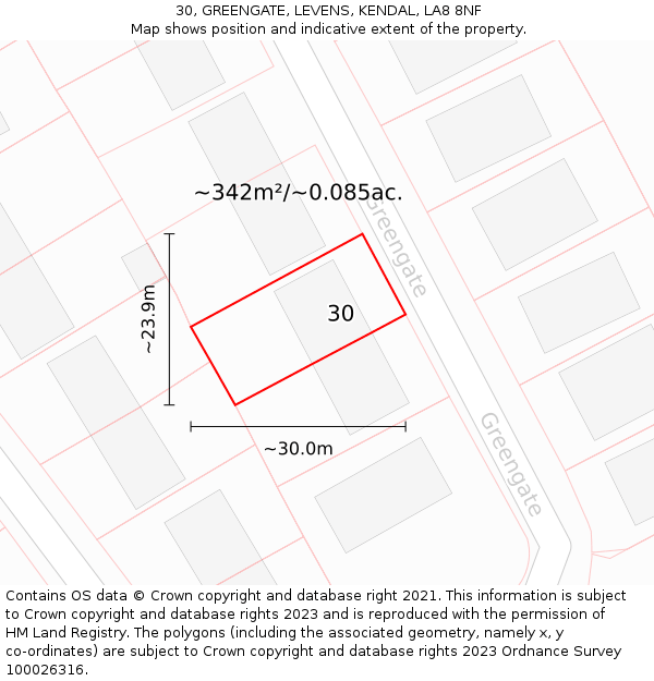 30, GREENGATE, LEVENS, KENDAL, LA8 8NF: Plot and title map