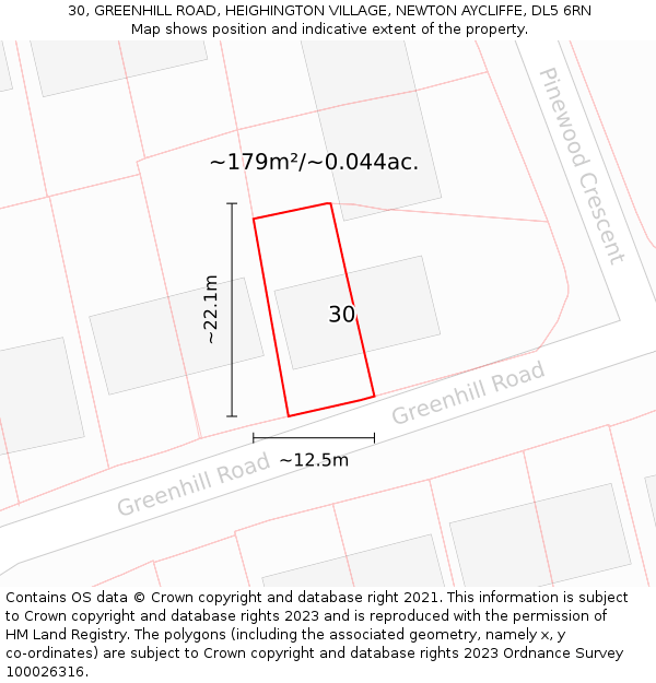 30, GREENHILL ROAD, HEIGHINGTON VILLAGE, NEWTON AYCLIFFE, DL5 6RN: Plot and title map