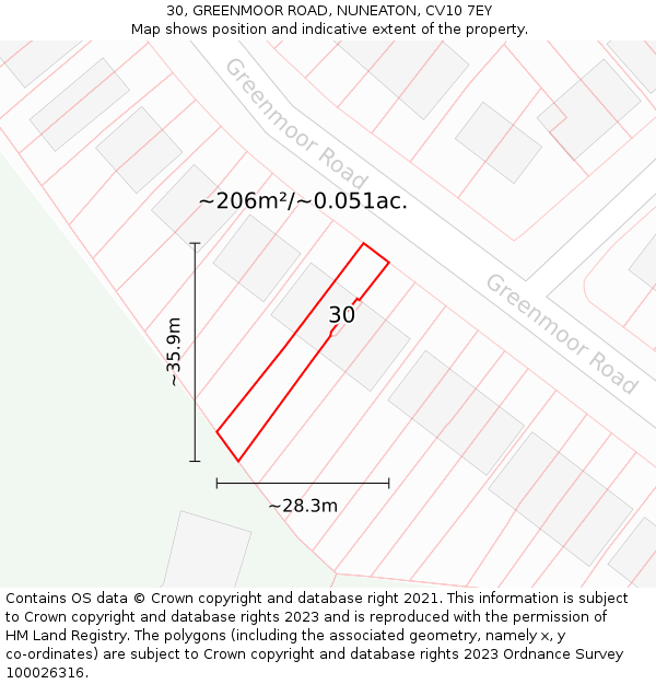 30, GREENMOOR ROAD, NUNEATON, CV10 7EY: Plot and title map