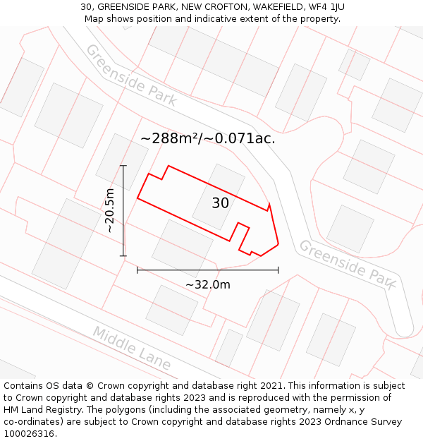 30, GREENSIDE PARK, NEW CROFTON, WAKEFIELD, WF4 1JU: Plot and title map