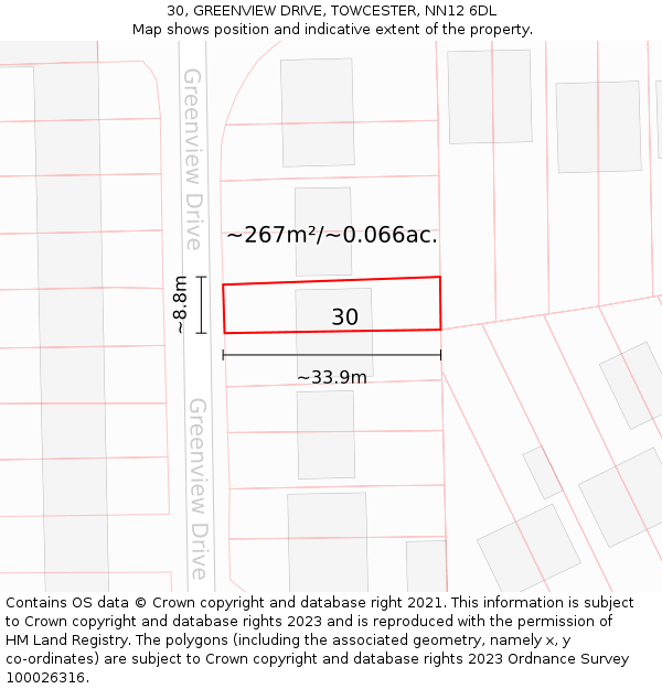 30, GREENVIEW DRIVE, TOWCESTER, NN12 6DL: Plot and title map