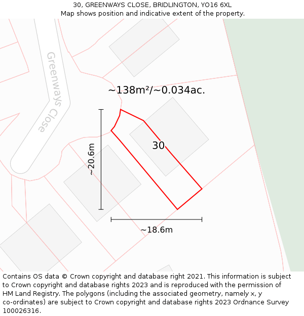 30, GREENWAYS CLOSE, BRIDLINGTON, YO16 6XL: Plot and title map