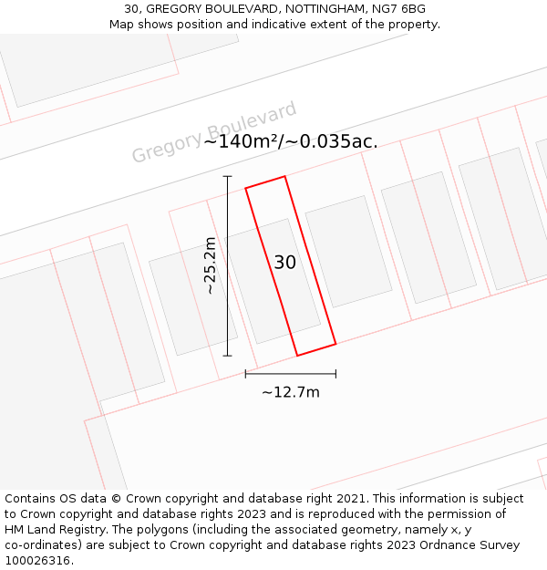 30, GREGORY BOULEVARD, NOTTINGHAM, NG7 6BG: Plot and title map