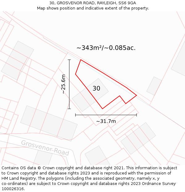 30, GROSVENOR ROAD, RAYLEIGH, SS6 9GA: Plot and title map