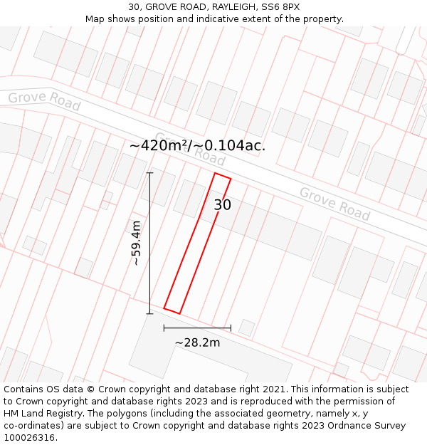 30, GROVE ROAD, RAYLEIGH, SS6 8PX: Plot and title map