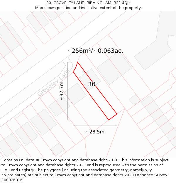 30, GROVELEY LANE, BIRMINGHAM, B31 4QH: Plot and title map