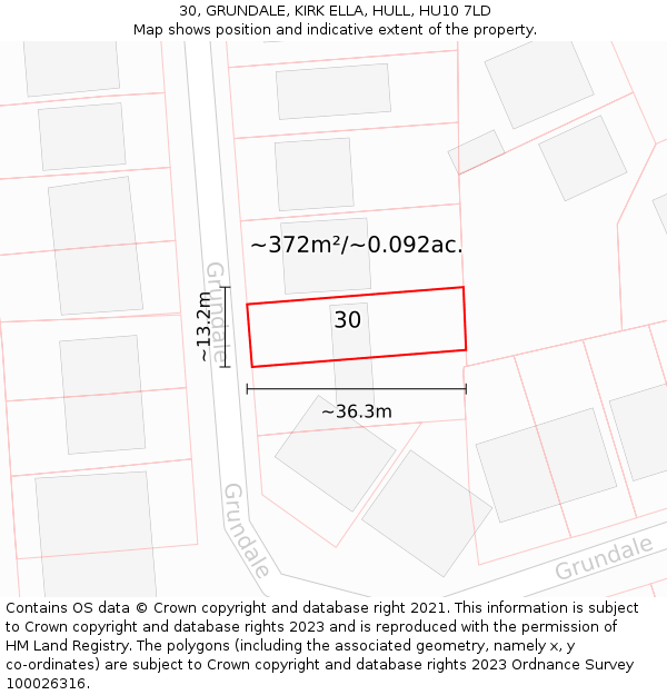 30, GRUNDALE, KIRK ELLA, HULL, HU10 7LD: Plot and title map