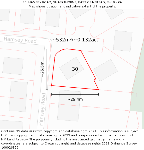 30, HAMSEY ROAD, SHARPTHORNE, EAST GRINSTEAD, RH19 4PA: Plot and title map