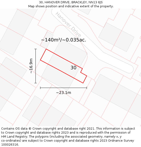 30, HANOVER DRIVE, BRACKLEY, NN13 6JS: Plot and title map