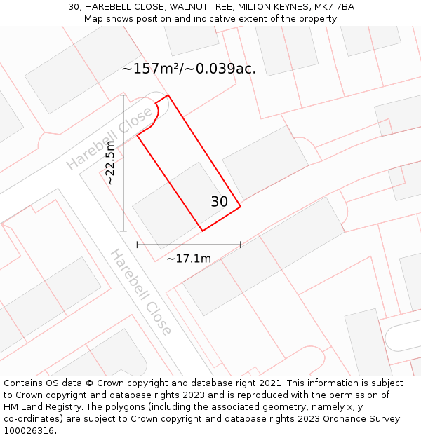 30, HAREBELL CLOSE, WALNUT TREE, MILTON KEYNES, MK7 7BA: Plot and title map
