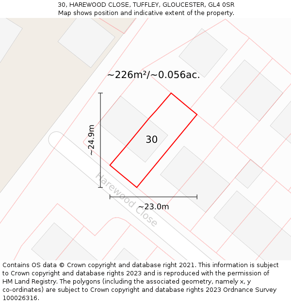 30, HAREWOOD CLOSE, TUFFLEY, GLOUCESTER, GL4 0SR: Plot and title map