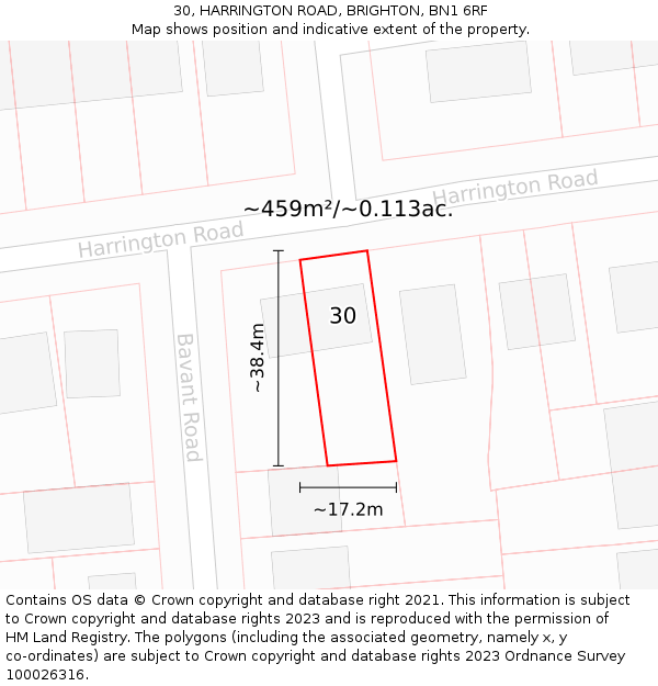 30, HARRINGTON ROAD, BRIGHTON, BN1 6RF: Plot and title map