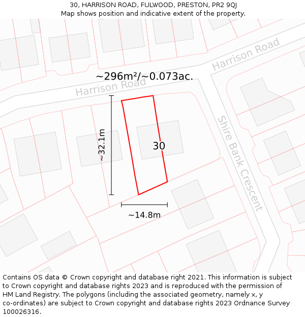 30, HARRISON ROAD, FULWOOD, PRESTON, PR2 9QJ: Plot and title map