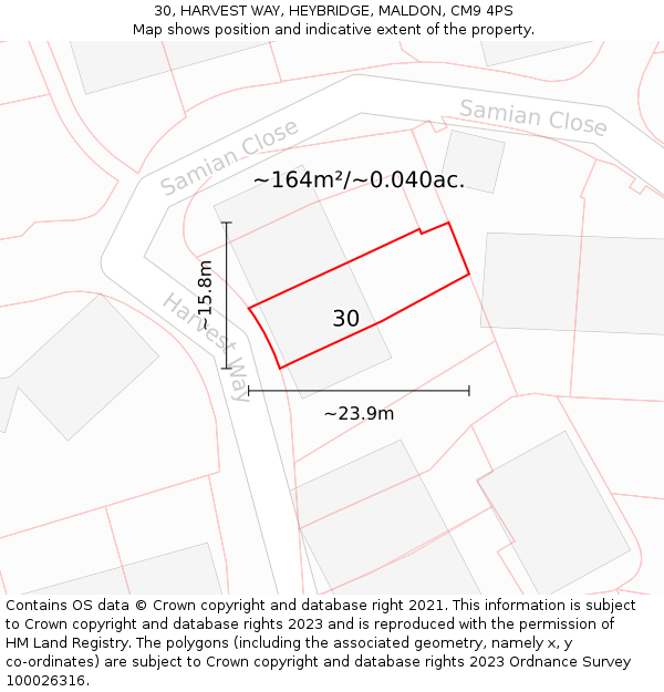 30, HARVEST WAY, HEYBRIDGE, MALDON, CM9 4PS: Plot and title map