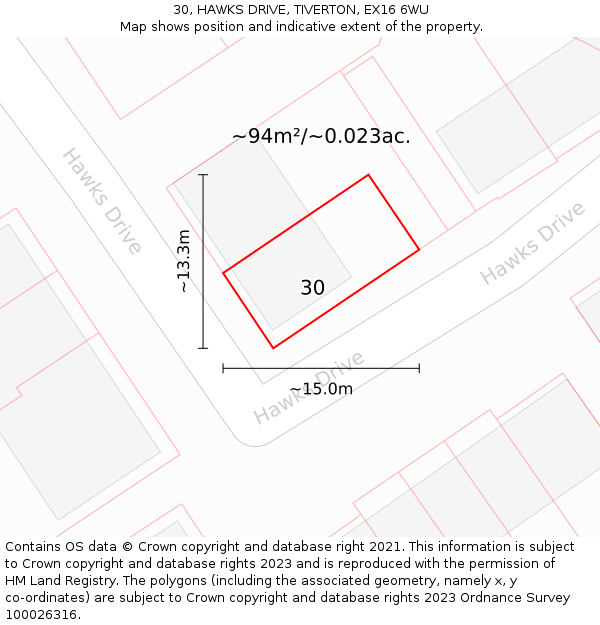 30, HAWKS DRIVE, TIVERTON, EX16 6WU: Plot and title map