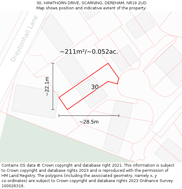 30, HAWTHORN DRIVE, SCARNING, DEREHAM, NR19 2UD: Plot and title map