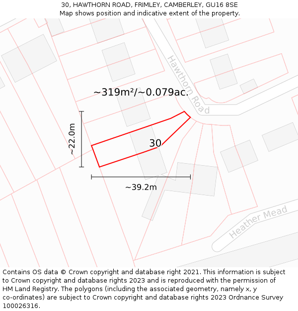 30, HAWTHORN ROAD, FRIMLEY, CAMBERLEY, GU16 8SE: Plot and title map