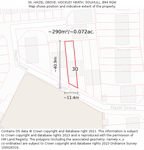 30, HAZEL GROVE, HOCKLEY HEATH, SOLIHULL, B94 6QW: Plot and title map