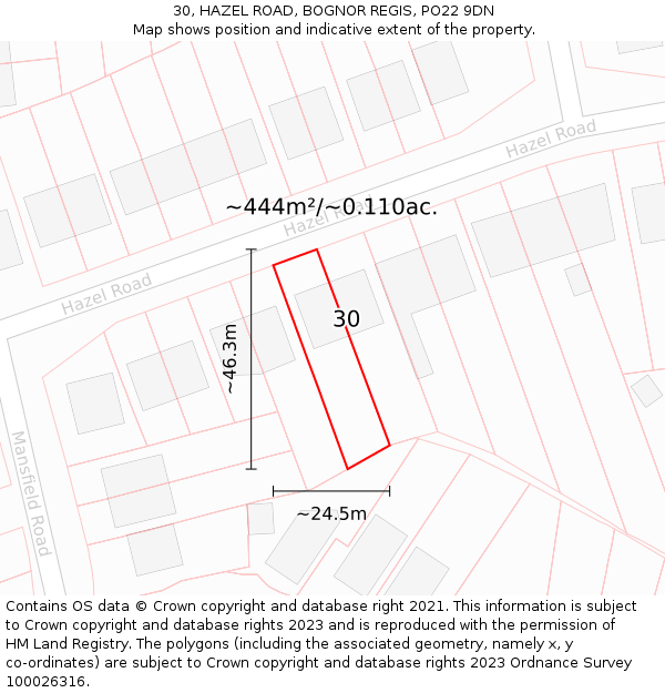 30, HAZEL ROAD, BOGNOR REGIS, PO22 9DN: Plot and title map