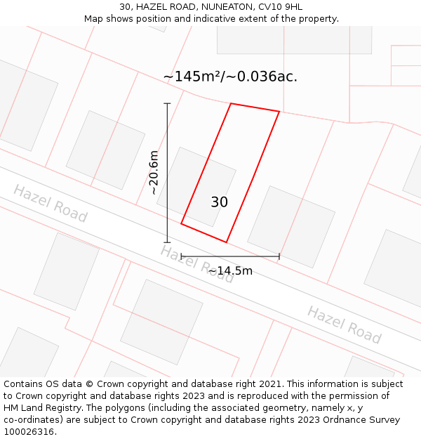 30, HAZEL ROAD, NUNEATON, CV10 9HL: Plot and title map