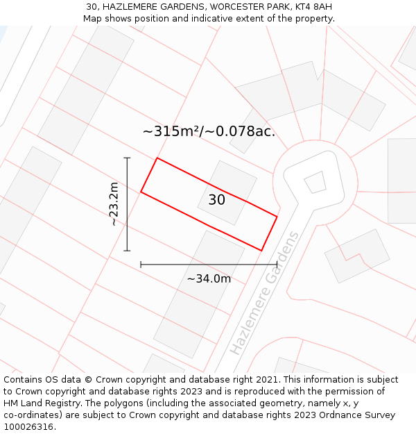 30, HAZLEMERE GARDENS, WORCESTER PARK, KT4 8AH: Plot and title map