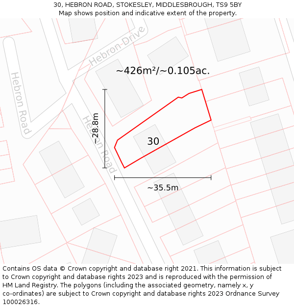 30, HEBRON ROAD, STOKESLEY, MIDDLESBROUGH, TS9 5BY: Plot and title map