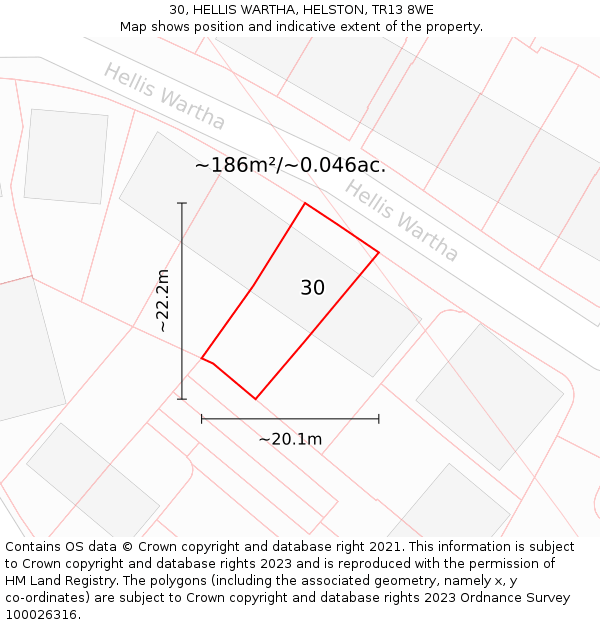 30, HELLIS WARTHA, HELSTON, TR13 8WE: Plot and title map