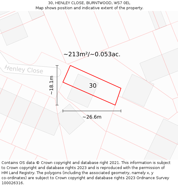 30, HENLEY CLOSE, BURNTWOOD, WS7 0EL: Plot and title map