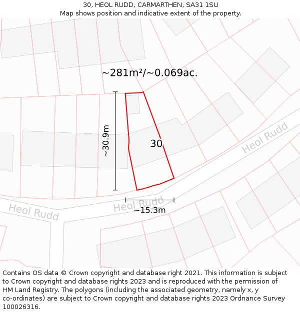 30, HEOL RUDD, CARMARTHEN, SA31 1SU: Plot and title map