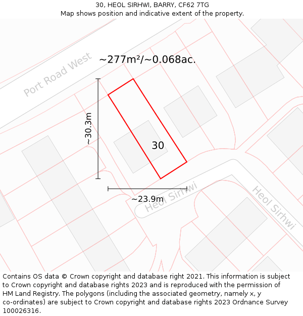 30, HEOL SIRHWI, BARRY, CF62 7TG: Plot and title map