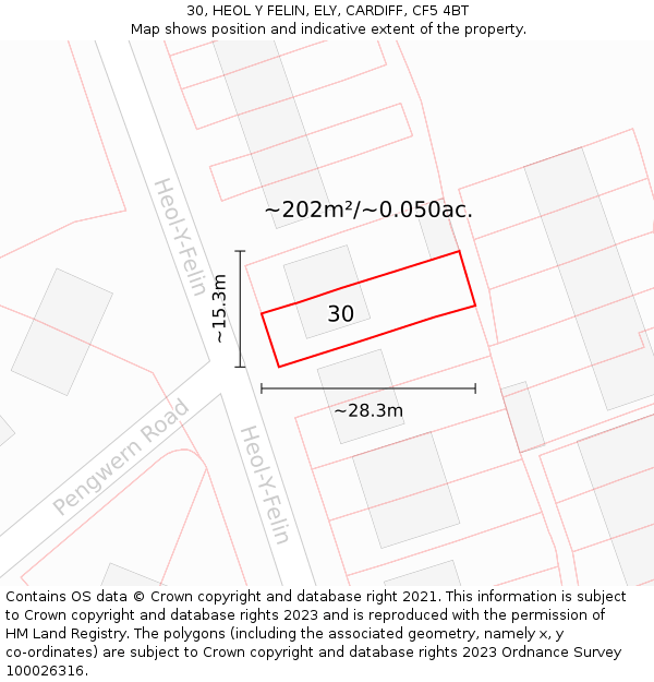 30, HEOL Y FELIN, ELY, CARDIFF, CF5 4BT: Plot and title map