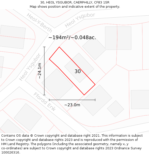 30, HEOL YSGUBOR, CAERPHILLY, CF83 1SR: Plot and title map