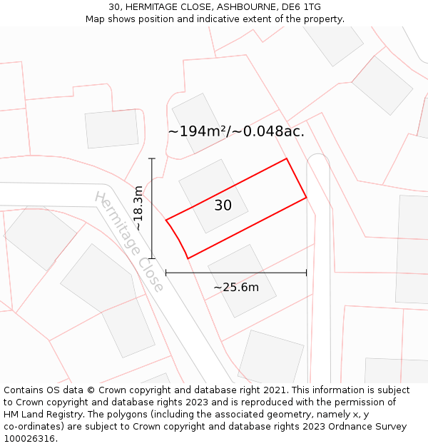 30, HERMITAGE CLOSE, ASHBOURNE, DE6 1TG: Plot and title map