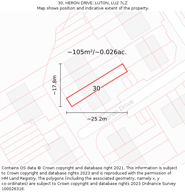 30, HERON DRIVE, LUTON, LU2 7LZ: Plot and title map