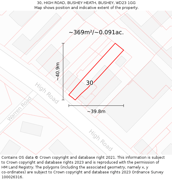 30, HIGH ROAD, BUSHEY HEATH, BUSHEY, WD23 1GG: Plot and title map