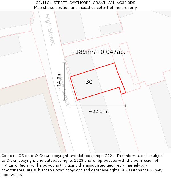 30, HIGH STREET, CAYTHORPE, GRANTHAM, NG32 3DS: Plot and title map