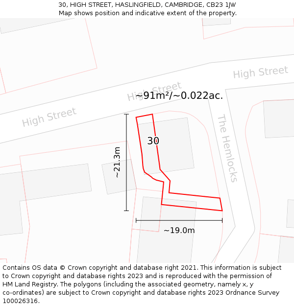 30, HIGH STREET, HASLINGFIELD, CAMBRIDGE, CB23 1JW: Plot and title map