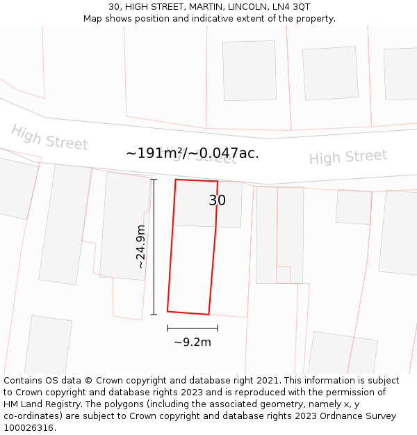 30, HIGH STREET, MARTIN, LINCOLN, LN4 3QT: Plot and title map