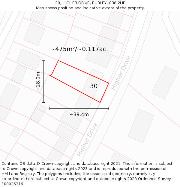 30, HIGHER DRIVE, PURLEY, CR8 2HE: Plot and title map