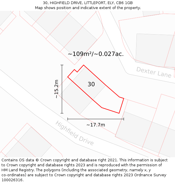 30, HIGHFIELD DRIVE, LITTLEPORT, ELY, CB6 1GB: Plot and title map