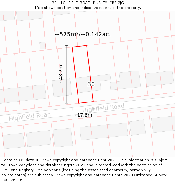 30, HIGHFIELD ROAD, PURLEY, CR8 2JG: Plot and title map