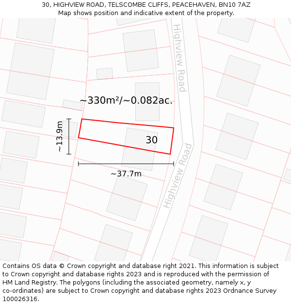 30, HIGHVIEW ROAD, TELSCOMBE CLIFFS, PEACEHAVEN, BN10 7AZ: Plot and title map